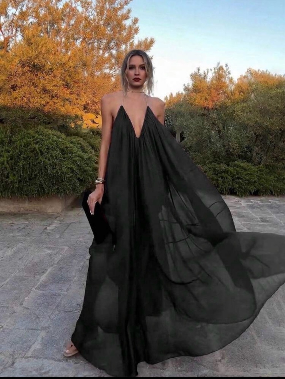 Elegant Black Chiffon Halter Deep V Open Back Flowy Maxi Dress – Size Small - Picture 2 of 4
